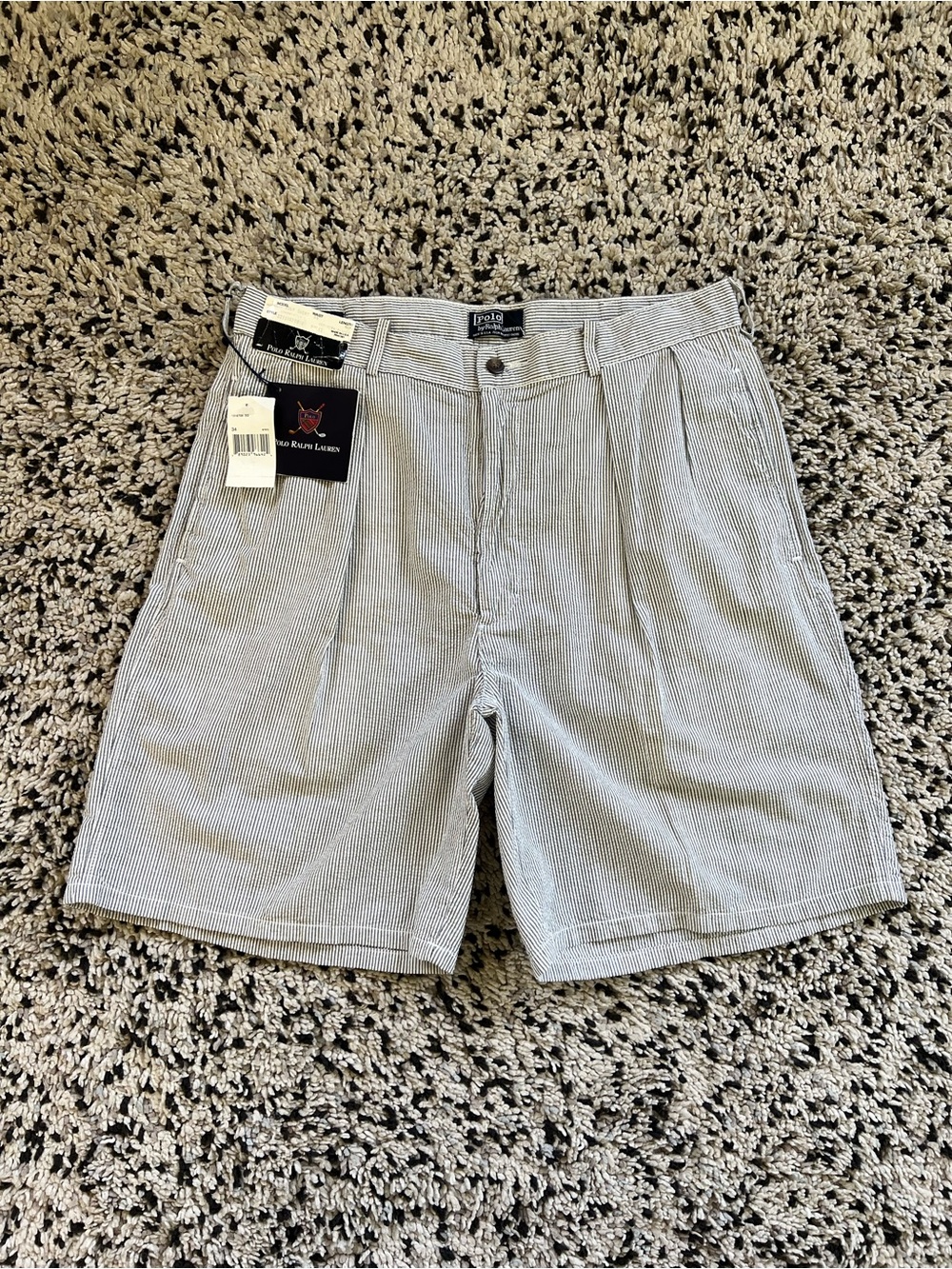 Vintage Polo Ralph Lauren Classic Golf Shorts White Blue Seersucker USA Made 34